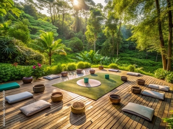 Fototapeta Serene outdoor setting with yoga mats and props arranged in a circle, surrounded by lush greenery and tranquil atmosphere, evoking feelings of calm and relaxation.