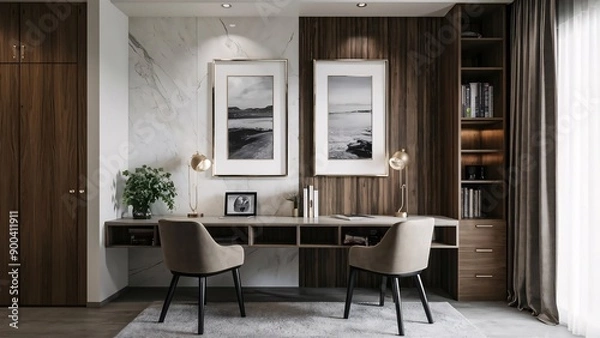 Fototapeta High resolution study room interior design 3d illustration template, Mock up frame on front wall. Interior mock-up for product display. Modern interior design AI generated.