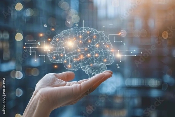 Fototapeta Hand holding digital brain shades of blue and orange detailed and imaginative conceptual and artistic illustration