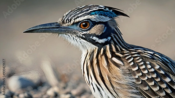 Fototapeta Close-up a roadrunner bird in desert at sunrise walking through a desert Road
