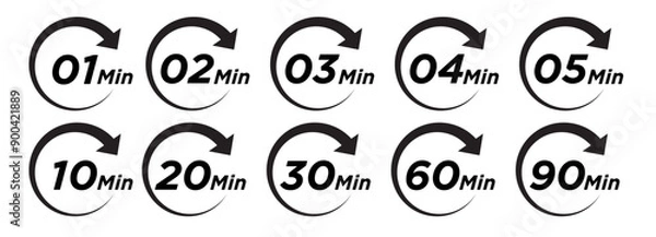 Fototapeta 1, 2, 3, 4, 5, 10, 20, 30, 60, 90 min, minutes vector icon set.