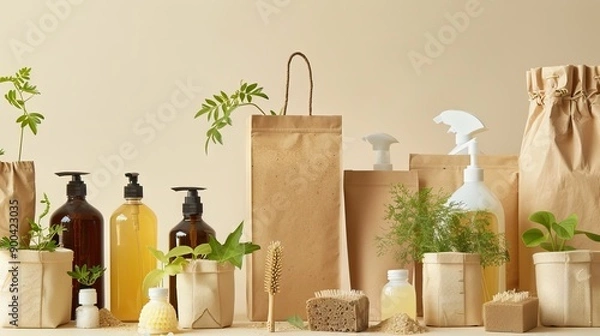 Obraz Bottles shampoo or shower gel Lotion, essential oil, cream, massage brushes, Body and face care beauty bath set. AI generated illustration