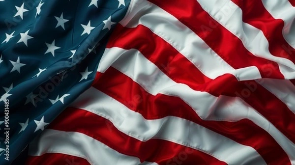 Fototapeta Detailed close-up of American flag with stripes, stars, and fabric