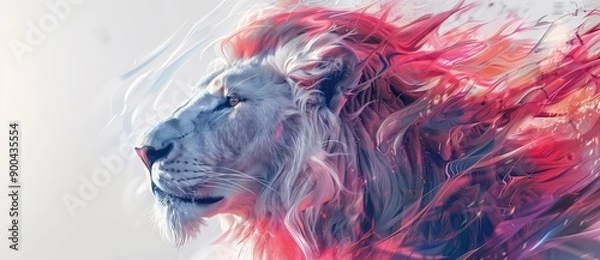 Fototapeta Abstract white lion with colorful hair, in the style of profile view, white background