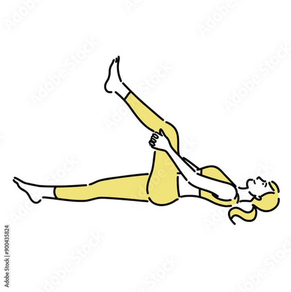 Obraz 膝の裏を抱えて寝そべっている若い女性
