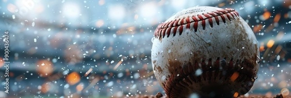 Fototapeta Close up of a baseball on a stadium background with a blurry crowd, a panoramic banner in the style of design
