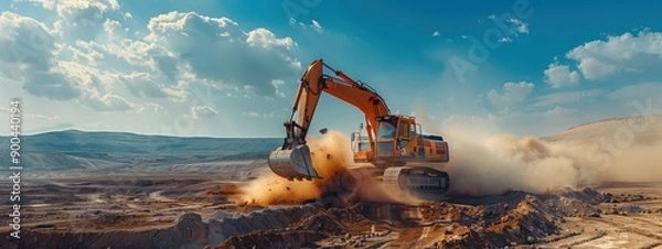 Fototapeta heavy machinery, excavator in action on construction site under blue sky with clouds