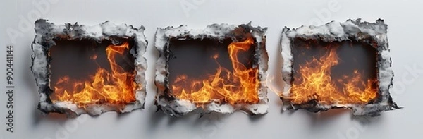 Fototapeta 3 burning frames, white background, hyper realistic photography in the style of unknown artist