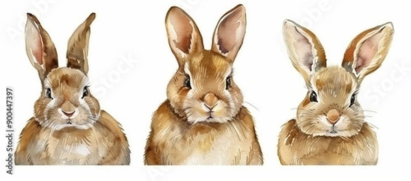 Fototapeta watercolor three brown rabbits clipart, set of vector illustrations in the style of on white background