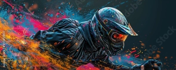 Fototapeta Black background, a paintball player in full gear with a backpack covered in the style of a colorful powder splash, in a dynamic pose, from the side view