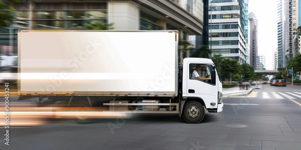 Fototapeta high-quality image featuring an empty poster mockup on the side of a moving truck.