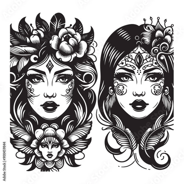 Fototapeta Women's face tattoo design vector illustration black color