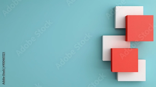 Fototapeta Minimalist abstract composition with red and white geometric squares against a blue background, evoking modern design aesthetics and simplicity.