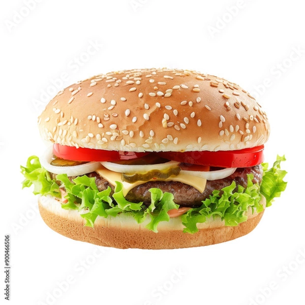 Fototapeta Cheeseburger With Fresh Lettuce, Tomato, Onion, Pickles, and Melted Cheese on Sesame Seed Bun.