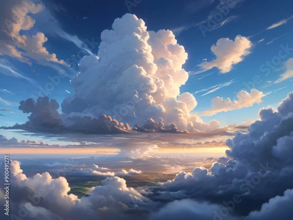 Obraz Anime style huge clouds in the sky flowing in morning light