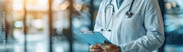Fototapeta A professional doctor holding a clipboard, ready to assist patients in a modern healthcare environment.