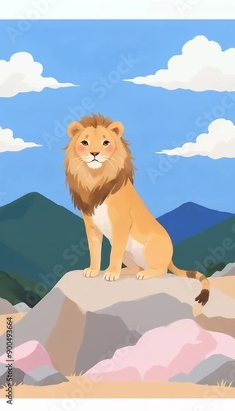 Fototapeta A lion perches atop a rocky outcrop, overlooking a vast landscape of mountains and valleys, portraying a sense of dominion and serenity. A blissful reverie where fairytales bloom in watercolor hues