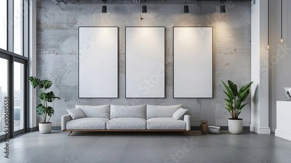 Fototapeta Modern living room interior with large windows, white sofa, and blank frames on concrete wall. Minimalist design with plants and natural light.