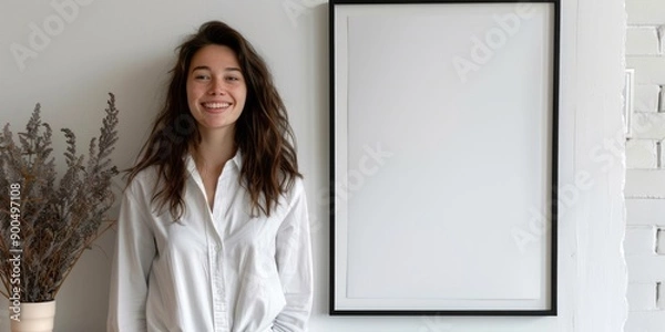 Fototapeta A smiling woman is standing next to a blank poster in a frame and decorating the wall on a white background in the living room.