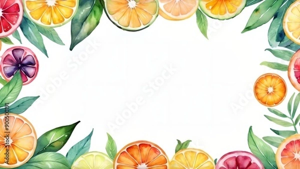 Fototapeta Abstract colorful watercolor summer fruits illustration background. Sweet fresh and healthy citrus food plant diet, delicious tropical art. Banner, empty space, place for text in the middle.
