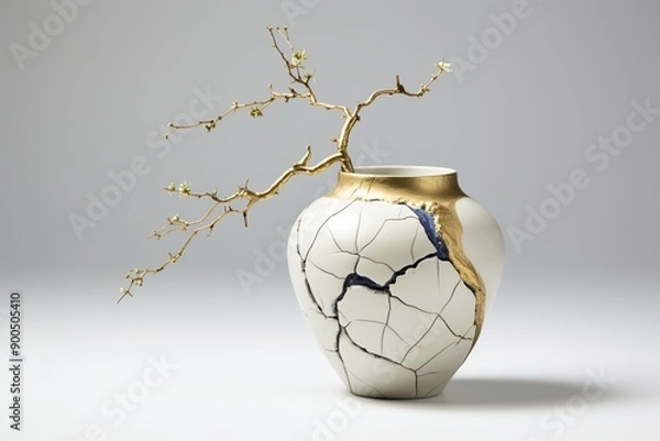 Fototapeta A tree branch is placed in a beautiful kintsugi style white vase. Generation Ai