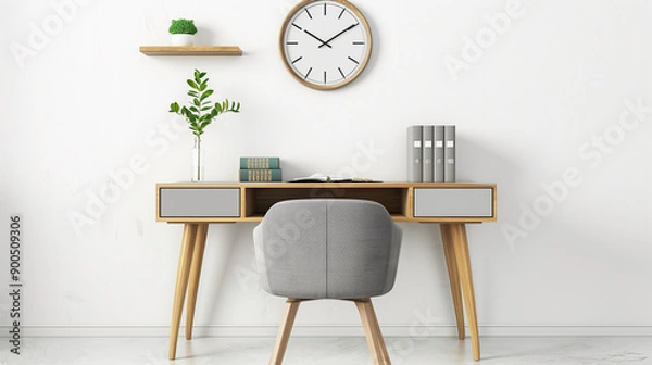 Fototapeta A wooden desk with a gray chair and a clock on the wall. The desk is empty except for a laptop and a vase. The room is clean and organized, giving off a professional and efficient vibe