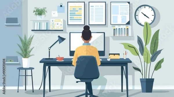 Fototapeta A person organizes their home office, arranging items thoughtfully to enhance focus and productivity while enjoying a warm cup of coffee