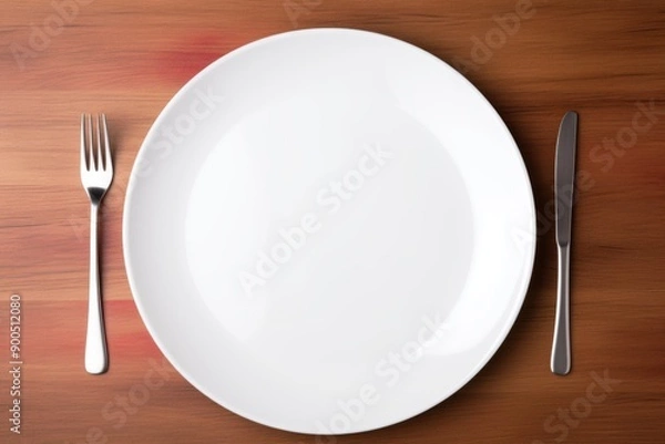 Obraz Empty Plate on Wooden Table: A clean, white plate awaits its culinary destiny, nestled between a fork and knife on a warm, rustic wooden table. This minimalist image evokes anticipation and the promis