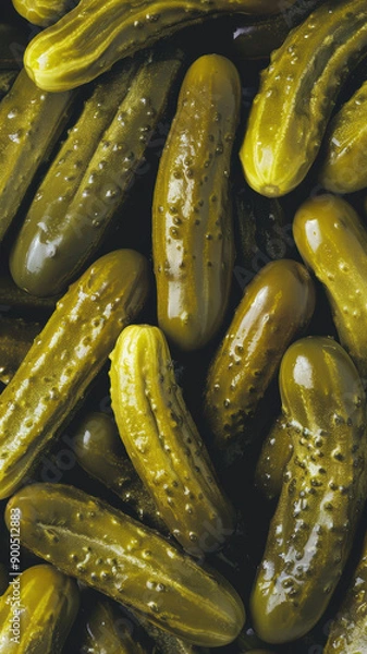 Fototapeta A close-up of several bright green pickles with glossy, textured skins and vibrant color. The image highlights the freshness and crispness of the pickles, making it ideal for food and culinary content