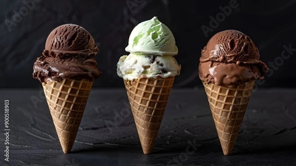 Fototapeta Delicious three flavor vanilla ice cream, triple Ice cream cones with chocolate, ice cream cone on dark background.