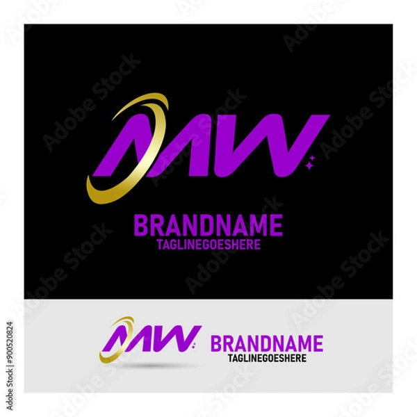 Obraz Elegant MW letter logo with luxury concept. M and W letter logo design, purple and gold colors. for company logo, business, web design, etc. transparent background