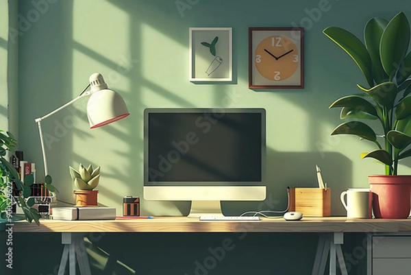 Fototapeta A cozy minimalist home workspace featuring a comfortable chair, desk, and laptop, symbolizing the work-from-home trend. The setting emphasizes a peaceful and productive environment