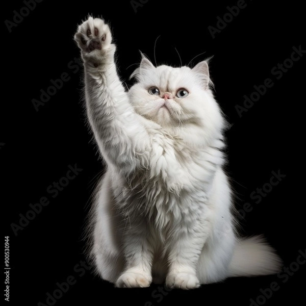 Fototapeta Persian cat sitting, raising its paw to high five, isolated on a black background, in the style of high resolution photography.