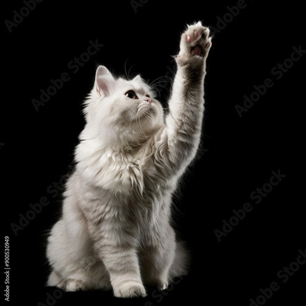 Fototapeta Persian cat sitting, raising its paw to high five, isolated on a black background, in the style of high resolution photography.
