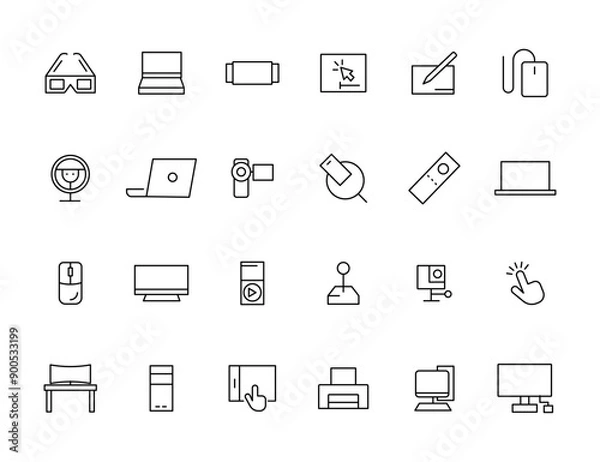 Fototapeta Device and technology line icon set. Electronic devices and gadgets, computer, equipment and electronics. Computer monitor, smartphone, tablet and laptop simple icon collections