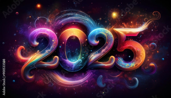 Obraz カレンダー。2025年を想像しながら、数字が輝くSFとファンタジーの世界に思いを馳せる。宇宙とギャラクシーの広大な広がりを背景に、コスモがカラフルな彩りと高い彩度で発光し、未来の明るい希望にワクワクが止まらない。