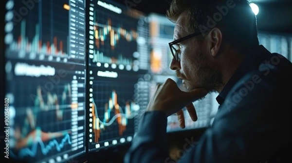 Fototapeta Businessman Analyzing Stock Market Data on Multiple Monitors - Photo