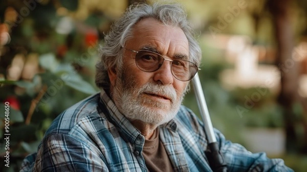 Fototapeta An elderly visually impaired man enjoying the tranquility of a park surrounded by greenery