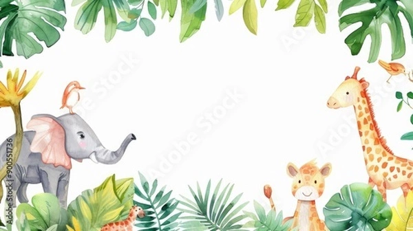 Fototapeta Delicate watercolor animals and vibrant plants create a frame, ideal for highlighting your text.