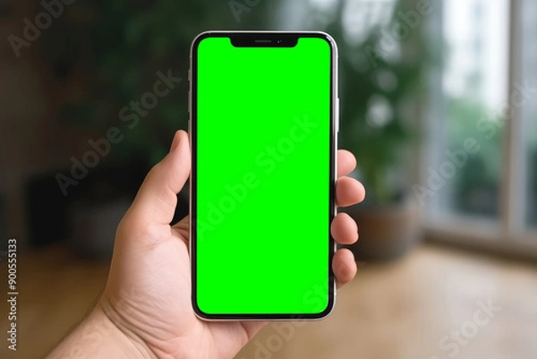 Obraz Woman Holding Blank Mobile Phone Green Screen While Relaxing at Home on a Cozy Afternoon