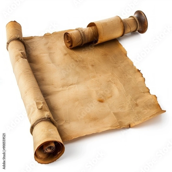 Fototapeta Vintage scroll opened papyrus, isolated on a white background, bright and vivid tonality, in the style of product photography