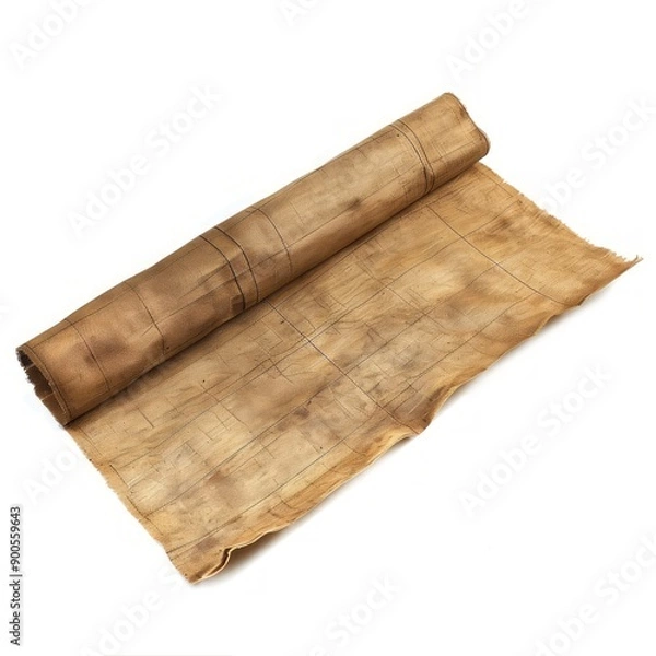 Fototapeta Vintage scroll opened papyrus, isolated on a white background, bright and vivid tonality, in the style of product photography