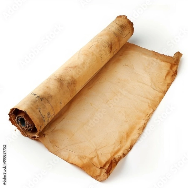 Fototapeta Vintage scroll opened papyrus, isolated on a white background, bright and vivid tonality, in the style of product photography