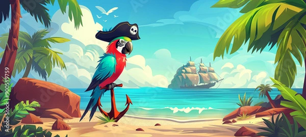 Fototapeta The Pirate parrot in hat on anchor and tropical beach landscape, game background, Illustration