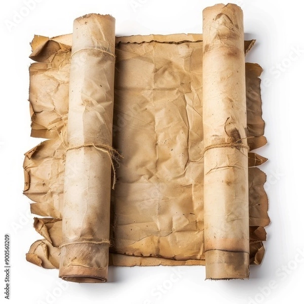 Fototapeta Vintage scroll opened papyrus, isolated on a white background, bright and vivid tonality, in the style of product photography