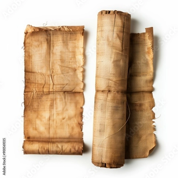 Fototapeta Vintage scroll opened papyrus, isolated on a white background, bright and vivid tonality, in the style of product photography