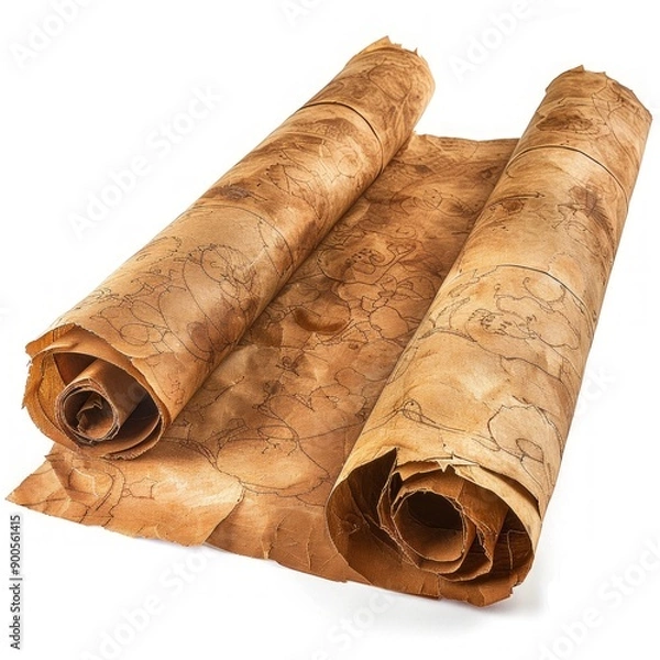 Fototapeta Vintage scroll opened papyrus, isolated on a white background, bright and vivid tonality, in the style of product photography
