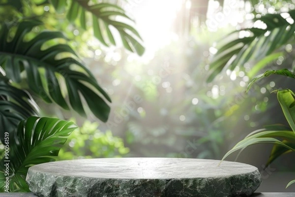 Fototapeta Stone tabletop podium floor in outdoors tropical garden forest blurred green leaf plant nature background.Natural product placement pedestal stand display,jungle paradise concept with generative ai