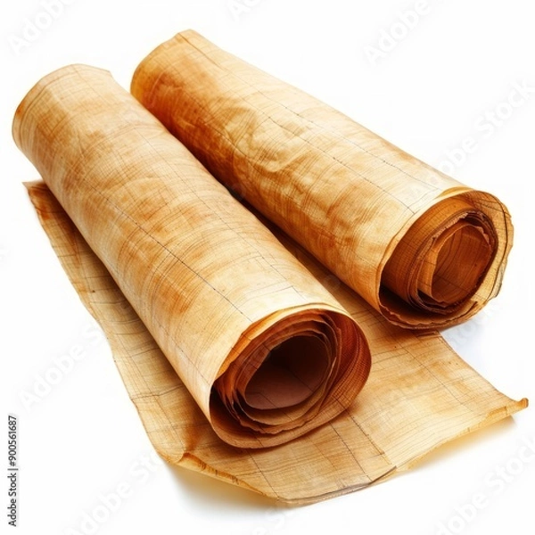 Fototapeta Vintage scroll opened papyrus, isolated on a white background, bright and vivid tonality, in the style of product photography