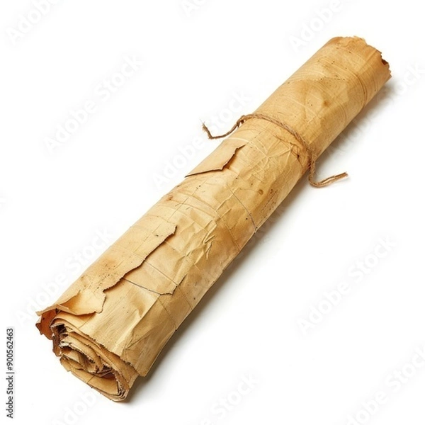 Fototapeta Vintage scroll opened papyrus, isolated on a white background, bright and vivid tonality, in the style of product photography